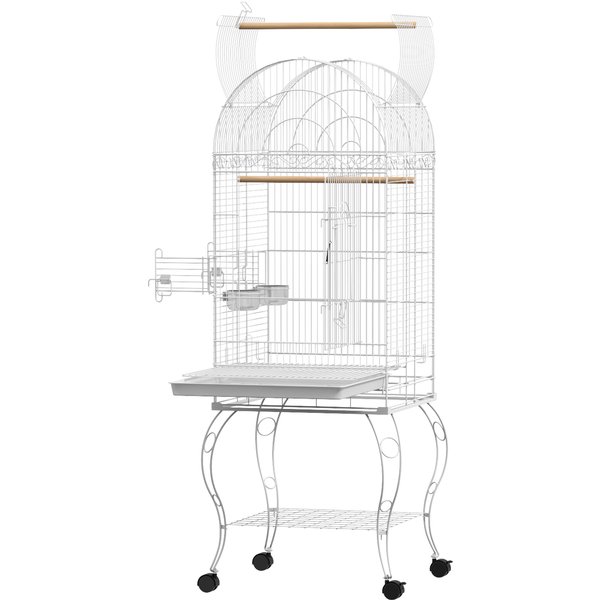 PawHut Vogelkäfig auf Rollen mit Regal, Gitter und herausnehmbarem Tablett 2 Edelstahlnäpfe, Wellensittich Sitzstange 51 x 51 x 153 cm weiß Aosom