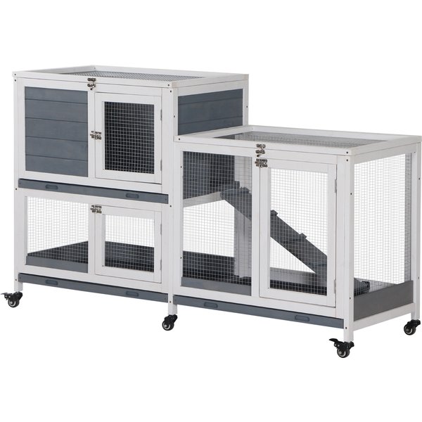 PawHut Indoor Wooden Hutch with Wheels 2 Levels Ramps - dim. 147L x 45.5W x 88.5H cm - gray and white | Aosom Ireland