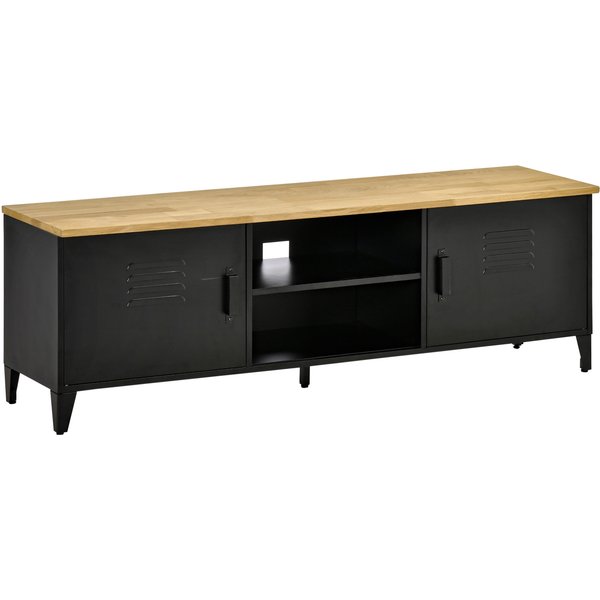 HOMCOM TV Stand TV Stand for 55'' TVs with 2 Cupboards Adjustable Feet Black Metal Frame Natural Wood Top 150 x 40 x 50 cm | Aosom Ireland