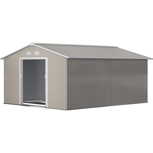 Outsunny Gerätehaus 12,4 m², Gartenhaus mit Pultdach, Schiebetür, Fundament, 340 x 386 x 200 cm, Geräteschuppen aus Verzinkter Stahl, wetterfest, für Garten, Kohlegrau Aosom