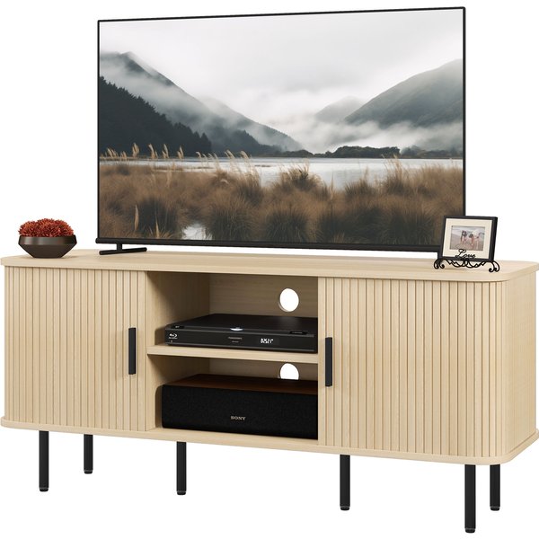 HOMCOM TV-Schrank, TV-Bank, mit 2 Rolltüren aus Lamellen, 120 cm, skandinavisches Design, TV-Schrank für Fernseher bis zu 55 Zoll, Eichenholzton Aosom
