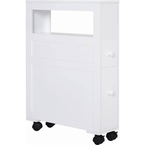 HOMCOM Badezimmerspeichermöbel auf Rollen, schmaler WC-Schrank, mit offenen Regal und 2 Schubladen, Belastung 20 kg, 16 x 52 x 71,5 cm, weiß Aosom