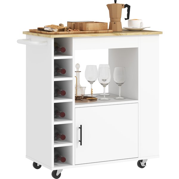 Homcom Chariot De Cuisine, îLot De Cuisine Roulant, Chariot De Cuisine Avec éTagèRes, Casiers à Vin, Armoire Et Plan De Travail, Blanc-image