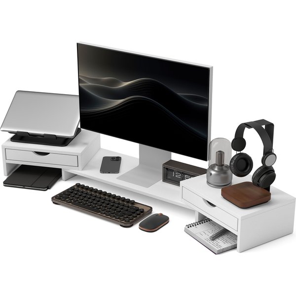 HOMCOM Monitorerhöhung PC-Schreibtisch Computertischständer von 60-116 cm Monitorständer mit 2 Schubladen, verstellbare Länge und Winkel, für Laptop, Computer, PC, Weiß Aosom