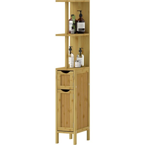 HOMCOM Badezimmerschrank, Badezimmerschrank, mit 2 offenen Regalen, 2 Schränken mit magnetischen Türen, aus Bambus, Naturholz Aosom