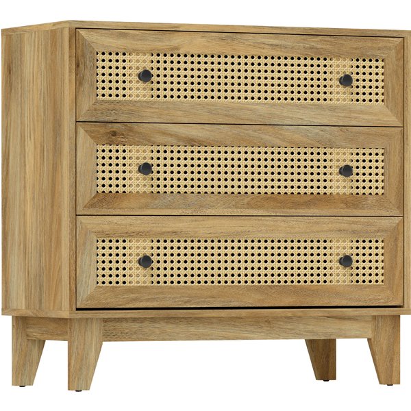 HOMCOM 3-Drawer Chest Storage Unit Rattan Cane Light Wood Appearance 80 x 35 x 76 cm | Aosom Ireland