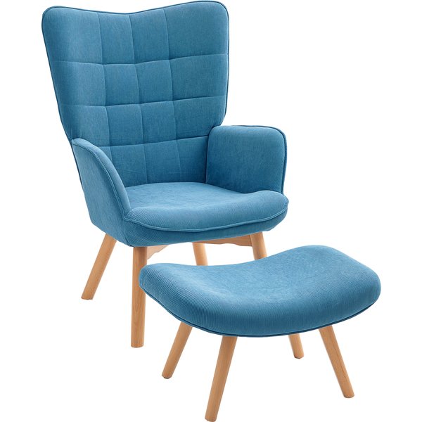 Homcom Fauteuil D'appoint Avec Repose-Pieds, Fauteuil Relax En Style Cordon, Fauteuil Avec Accoudoirs En Bois, Pour Salon, Bleu-image