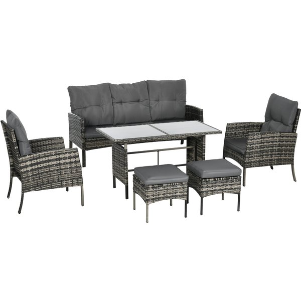 Outsunny 5 Seater Rattan Garden Furniture Set, 2 Armchairs, 3-seater Wicker Sofa, 2 Footstools Glass Table 6 Piece Patio Sofa Sets for Conservatory