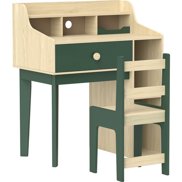 AIYAPLAY Kinder Schreibtisch und Stuhl Set für Kinder von 3 bis 10 Jahren, Schreibtisch für Jungen und Mädchen mit Stuhl, Regale und Schublade, Kindertisch mit Stuhl zum Lernen und Arbeiten, Naturholz und Grün Aosom