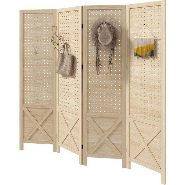 HOMCOM Innen-Paravent aus Holz, 4 Paneele, 152 x 144,5 cm, perforierte Platte, faltbarer Raumteiler, perforiertes Panel für Wohnzimmer, Schlafzimmer, Haus, Naturholz Aosom