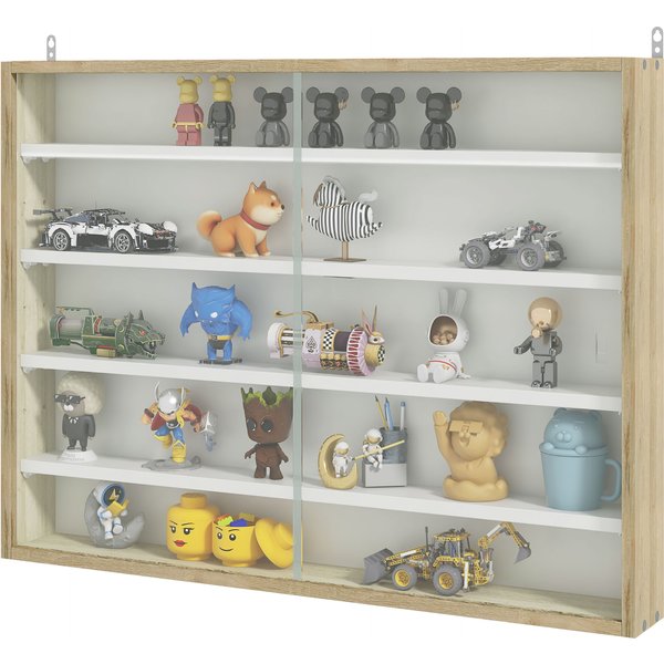 HOMCOM Vitrine für Sammlung Wandvitrine 80 x 9,5 x 60 cm mit 4 verstellbaren Regalen und 2 Schiebetüren aus Glas, für Sammlung von Figuren und Miniaturautos, Eiche Aosom