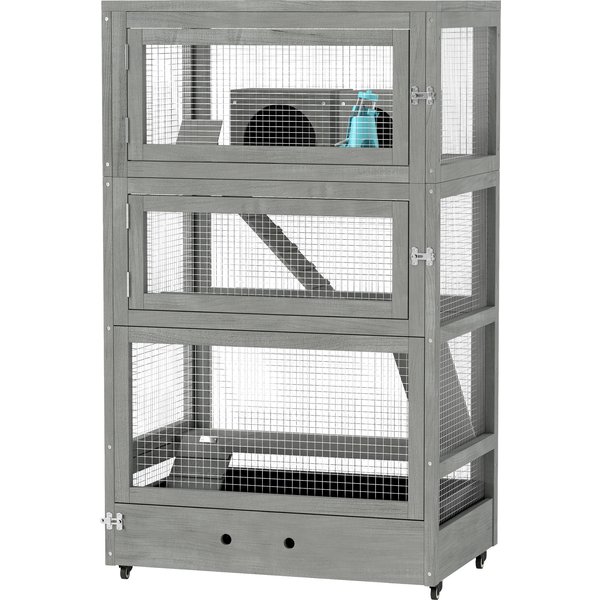 Pawhut Cage Pour Hamster En Bois à Quatre Niveaux, Avec Cabanes, Bascule, Bols D'alimentation, Rampes, Roulettes, 65 X 45 X 109 Cm, Gris-image