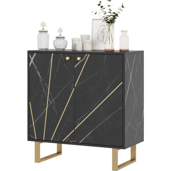 HOMCOM Buffet, Aufbewahrungsschrank, mit 2 Türen und höhenverstellbarem Regal, 76 x 35 x 77 cm, Aufbewahrungsschrank mit Metallbeinen, für Wohn- und Esszimmer, schwarzer Marmor-Ton Aosom