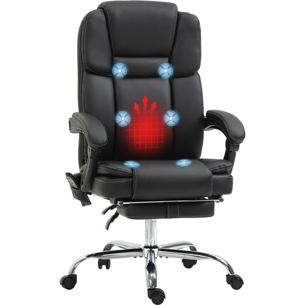 Vinsetto Chaise De Bureau Ajustable Avec 6 Points De Massage, Fonction De Chauffage, Repose-Pieds, Similicuir, Noir-image