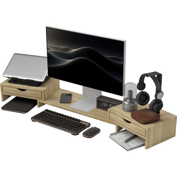 HOMCOM Monitorständer für den PC-Schreibtisch, 60-116 cm Monitorständer mit 2 Schubladen, verstellbare Länge und Winkel, für Laptop, Computer, PC, Eiche Aosom