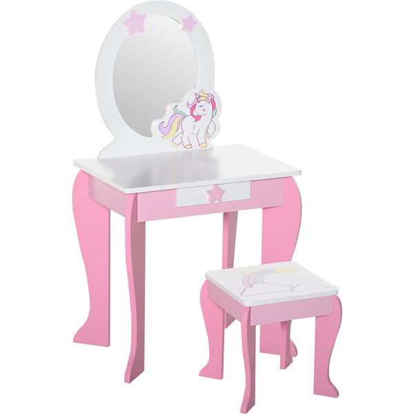 Homcom Coiffeuse Enfant Table De Maquillage Meuble Jeu Enfant Fille Tabouret Inclus Miroir Avec Motif De Licorne Tiroir MDF Rose-image