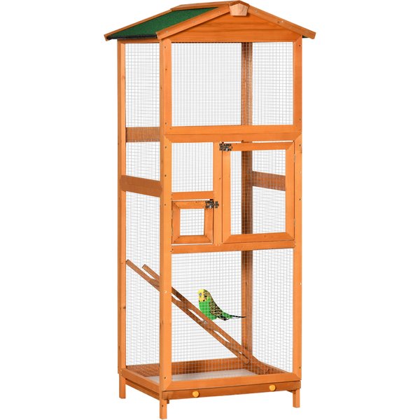 Pawhut Cage à Oiseaux VolièRe En Bois Massif Grande Taille 2 Portes Toit Asphalte Tiroir Amovible 68 X 63 X 165 Cm Aosom France-image