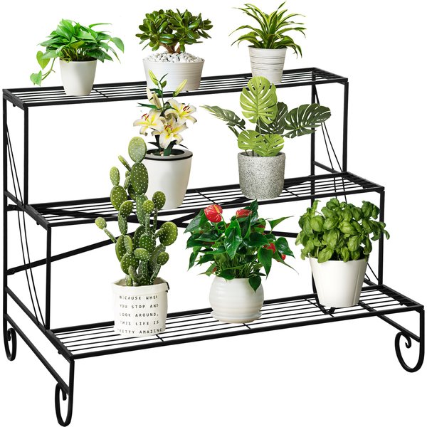 Outsunny Blumenregal Metall 3-stufiges Pflanzenregal Blumentreppe für Garten Balkon Schwarz 95x63x72cm Aosom.de