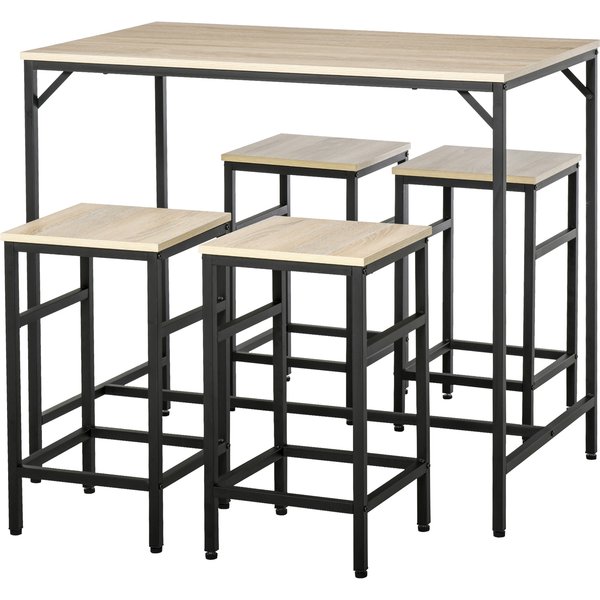 HOMCOM Bartisch Set 5-teilig mit Stehtisch und 4 Barhockern, Küchentresen Esszimmer Tischset, Stahl Eiche Schwarz 100x60x88cm Aosom.de
