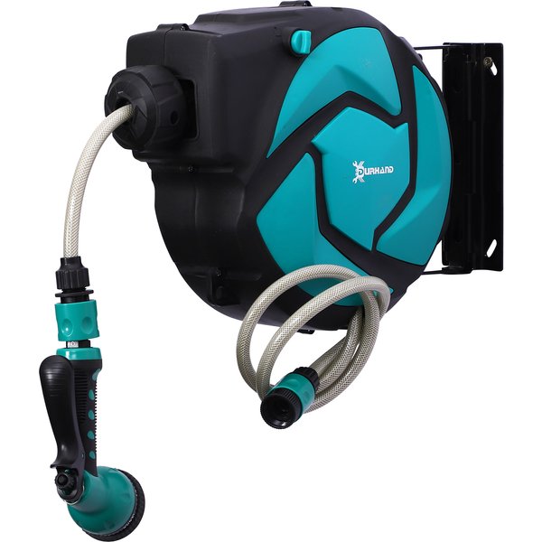 Durhand DéVidoir Mural Enrouleur Automatique Pivotant 180° Tuyau 10 + 1 M Avec Lance Arrosage Support Mural IntéGré Turquoise Noir-image