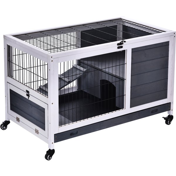 Pawhut Clapier Cage à Lapin Sur Roulettes Toit Ouvrant Rampe Tiroir à DéJection Amovible 90 X 53 X 59 Cm Gris Blanc-image