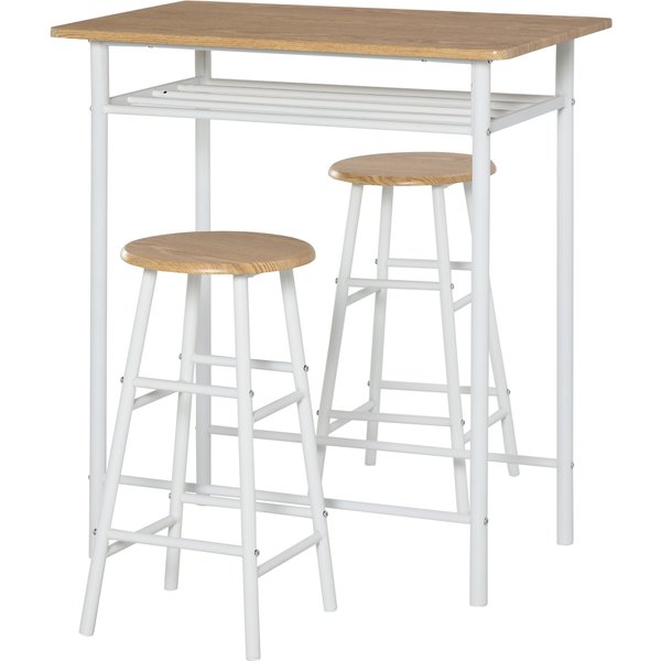 HOMCOM Bartisch Set 3-teilig Esstisch mit 2 Barhocker Essgruppe Küchentisch und Stühle Stehtisch und Barhocker mit Lagerregal MDF-Platte Stahl Weiß+Eiche 80 x 50 x 90 cm Aosom