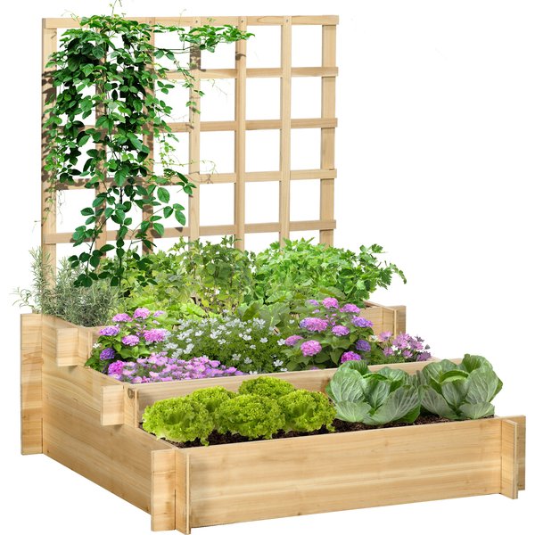 Outsunny Carré Potager JardinièRe à 3 éTages Avec Treillis Lit SuréLevé En Bois Pour Plantes Grimpantes LéGumes Fleurs Naturel Aosom France-image