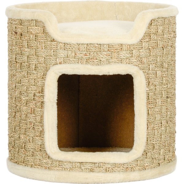PawHut Kratztonne, 37 cm Hoch Katzentonne mit Tür, Kratzbaum mit 2 Ebene, Katzenturm aus Sisal, für Katze bis 5 kg, Khaki Aosom