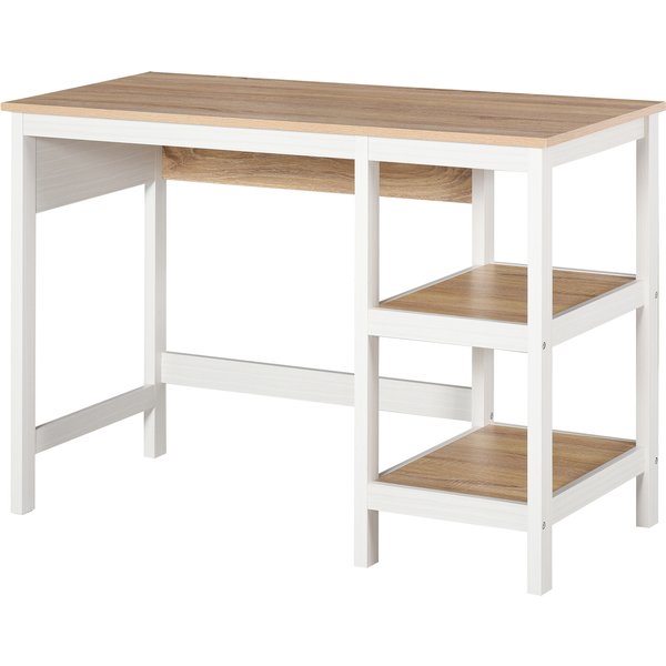 HOMCOM Schreibtisch mit 2 Ebenen Regal, Computertisch, Bürotisch, MDF, Natur+Weiß, 110 x 48 x 76,2 cm Aosom