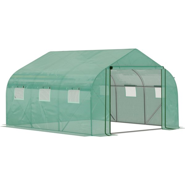 Outsunny 3.5 x 3 x 2m Walk-in Greenhouse with PE Cover, Roll-Up Door and 6 Windows, Portable Outdoor Plant Shelter,Green Aosom UK