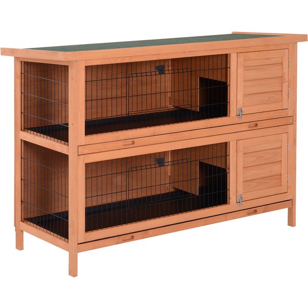 Pawhut Clapier Sur Pieds Cage Lapin Double Niveau Plateaux ExcréMents Coulissants 4 Portes Verrouillables 137L X 50L X 93H Cm Bois Massif Pin Toit-image