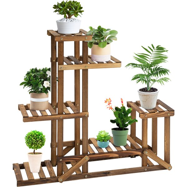 Outsunny Pflanzenregal Massivholz Blumenständer mit 6 Ebenen, Verkohlt, 98x28x96,5cm, für Garten & Balkon Aosom