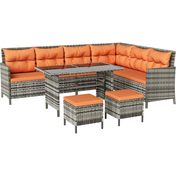 Outsunny 7-Seater Patio wicker Sofa Set Rattan Chair Furniture w/ Glass & Cushioned, Orange