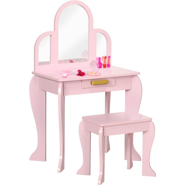 HOMCOM Kids Dressing Table with Mirror and Stool, Kids Vanity Set, Girl Makeup Desk with Drawer for 3-6 Years Old Children, Pink Aosom UK