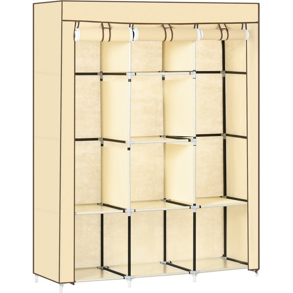 HOMCOM Fabric Wardrobe, Portable Wardrobe, Clothes Storage Unit with 8 Shelves, 2 Hanging Rods, 125 x 43 x 162.5 cm, Beige | Aosom Ireland