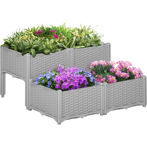 Outsunny Set of 4 Garden Raised Bed Elevated Patio Flower Plant Planter Box PP Vegetables Planting Container, Grey Aosom UK