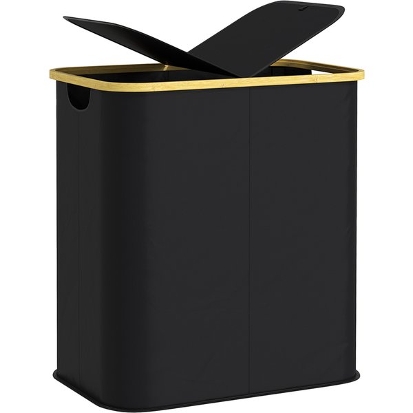HOMCOM Double Laundry Basket With Lid, 80L Collapsible Laundry Hamper with Groove Handles, Washing Basket for Bathroom, Bedroom, Black Aosom UK