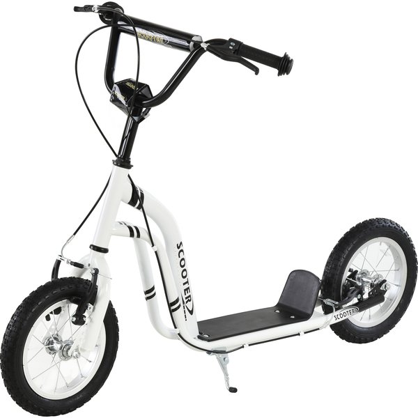 Homcom Trottinette Patinette Pour Enfants Plus De 5 Ans Grands Pneus Guidon RéGlable 2 Freins PoignéE BéQuille LatéRale 120 X 58 X 80-85 Cm Blanc-image