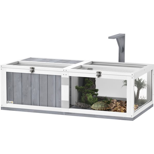 PawHut Wooden Tortoise House with Lamp Holder, Clear Observation Window, Openable Tops, Built-in Tray, Light Grey | Aosom Ireland