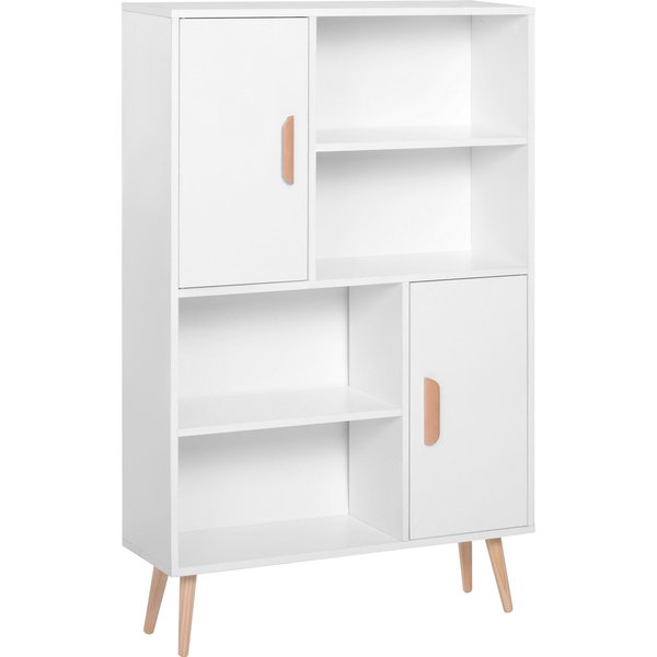 Homcom BibliothèQue Scandinave 4 Niches + 2 Placards Avec éTagèRe 80L X 24L X 123H Cm Pieds EffiléS InclinéS Bois Massif Panneaux Particules-image