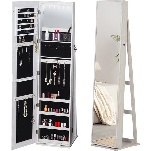 Homcom Armoire à Bijoux Avec Miroir Sur Pied Multi-Rangements éClairage LED Blanc Dim. 38L X 38L X H157 Cm-image