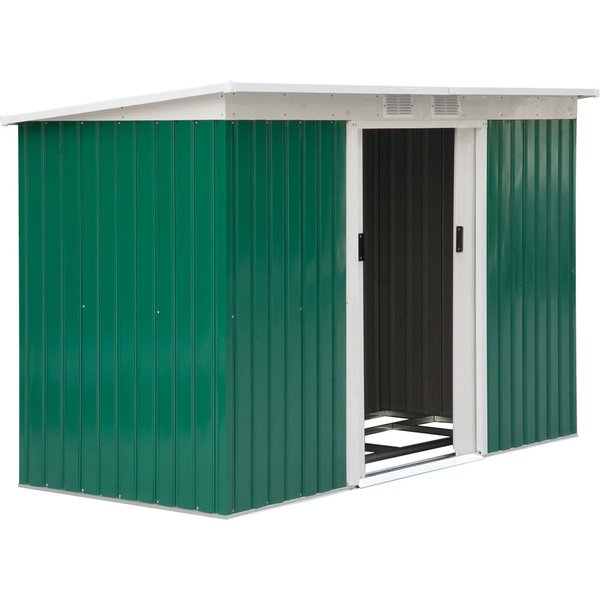 Outsunny Gerätehaus, Gartenhaus, Geräteschuppen mit Schiebetür, Lüftungsfenster, Pultdach, Outdoor, Stahl, Dunkelgrün, 280 x 130 x 172 cm Aosom