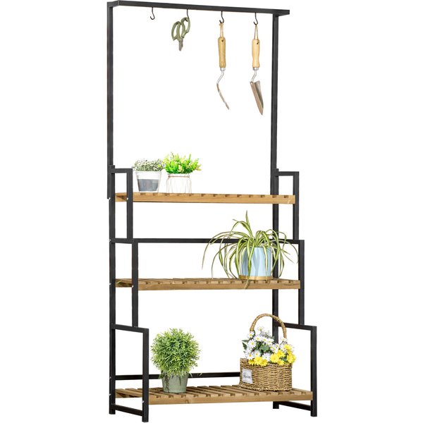 Outsunny Porte Plante Suspendue Bois 3 Niveaux + Barre 4 Crochets 80X36X174Cm Aosom France-image