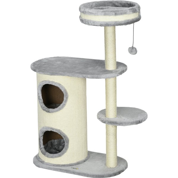 PawHut Kratzbaum für Katzen mit 2 Höhlen, Sisal-Seilpfosten, mehreren Plattformen, weichem Plüsch und Ballspielzeug, Grau 59x35x100 cm Aosom.de
