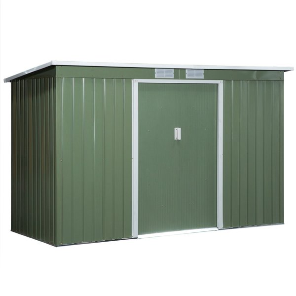 Outsunny Gerätehaus, Gartenhaus, Geräteschuppen mit Schiebetür, Lüftungsfenster, Pultdach, Outdoor, Stahl, Hellgrün, 280 x 130 x 172 cm Aosom