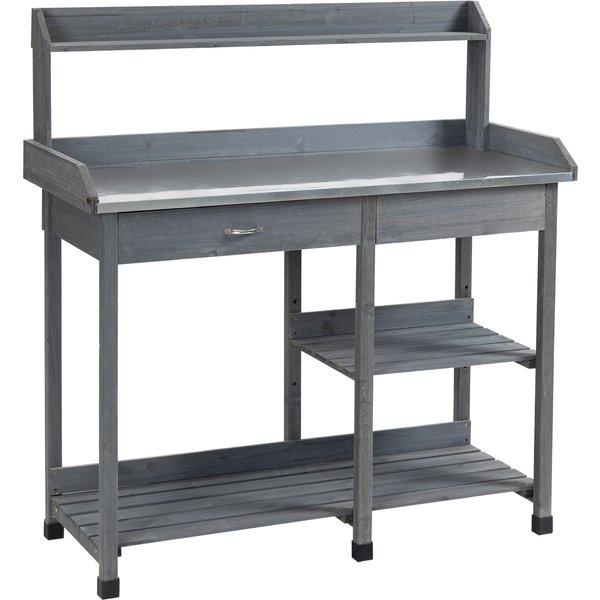 Outsunny Garden Potting Table, Wooden Workstation Bench w/ Galvanized Metal Tabletop, Drawer, Storage Shelves and Hooks for Courtyards, Balcony
