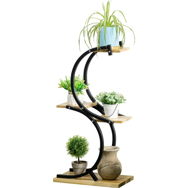 Outsunny Pflanzenregal S-Förmige Blumentreppe 4-Ebenen Pflanzenständer mit Metallgestell und Massivholz Schwarz 46x25x91cm für Garten & Balkon Aosom.de