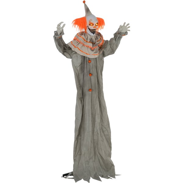 HOMCOM 183cm Halloween Dekoration Stehender Clown mit LED-Lichter, Soundfunktion, Haustür Deko mit verstellbare Arme, Garten Dekofigur in Lebensgröße für Party, Orange+Grau Aosom