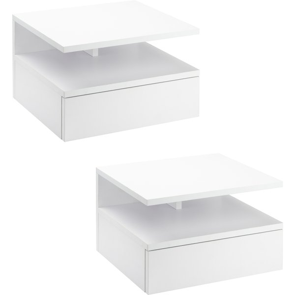 Homcom Lot De 2 Tables De Chevet Murales - Lot De 2 Tables De Nuit - Tiroir Coulissant, Niche, Plateau - Panneaux Particules Blanc-image