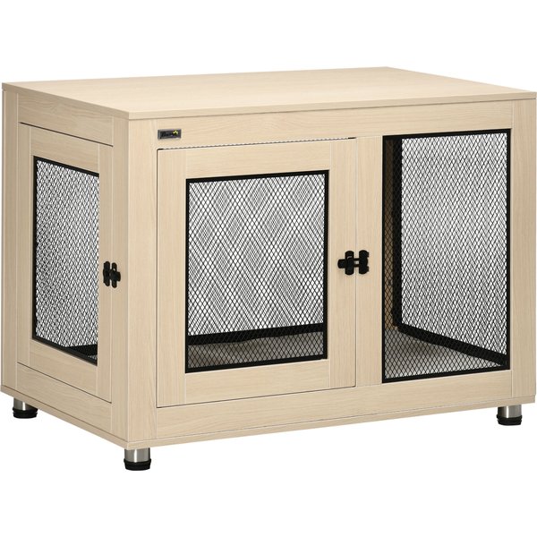 Pawhut Cage Pour Chien Sur Pied Avec Coussin Amovible Acier Noir Et Aspect Bois - 94 X 60 X 71,5 Cm Coloris Bois Naturel-image